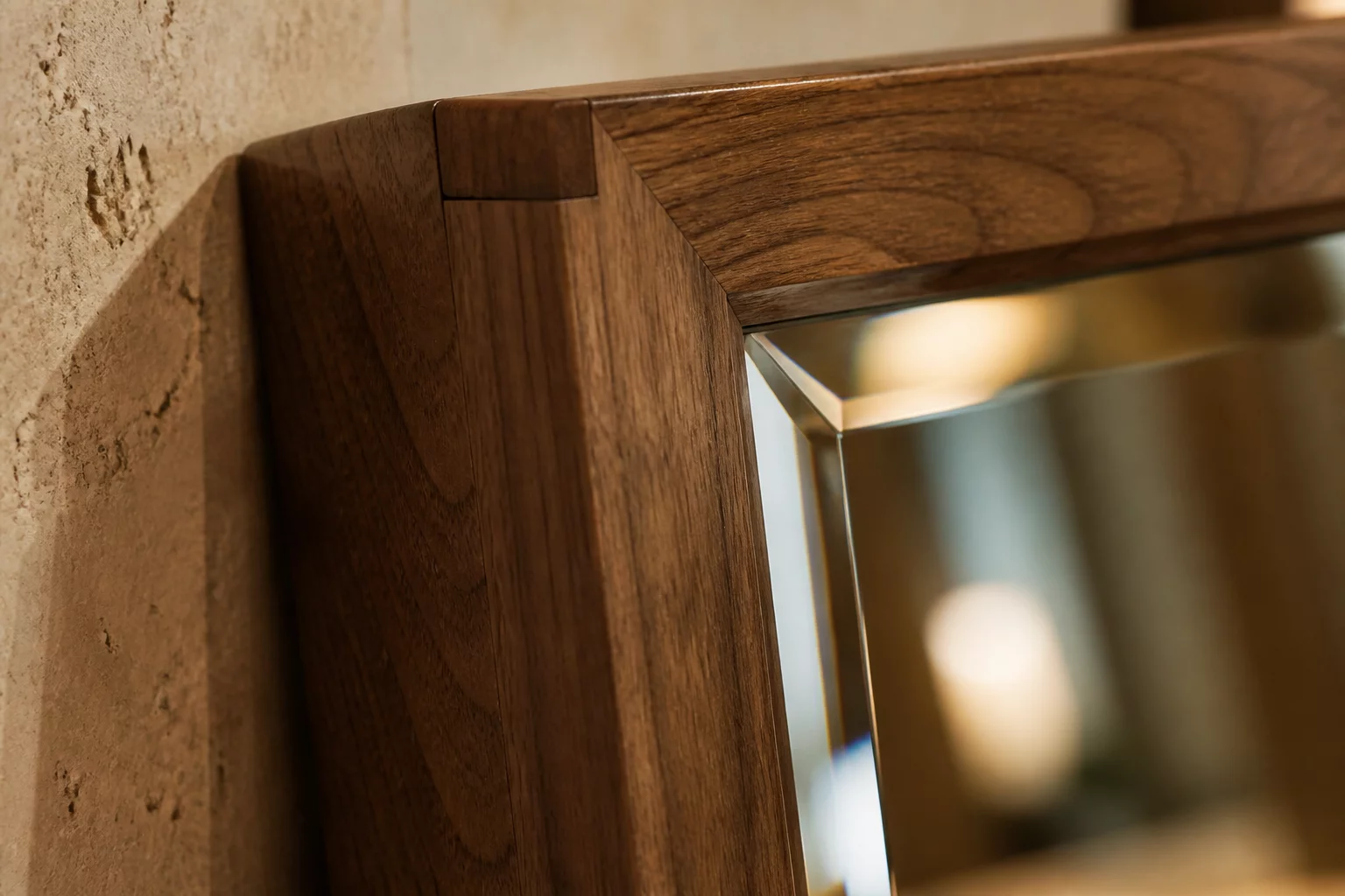 Natural hardwood frames and polished mirror edges in natural daylight