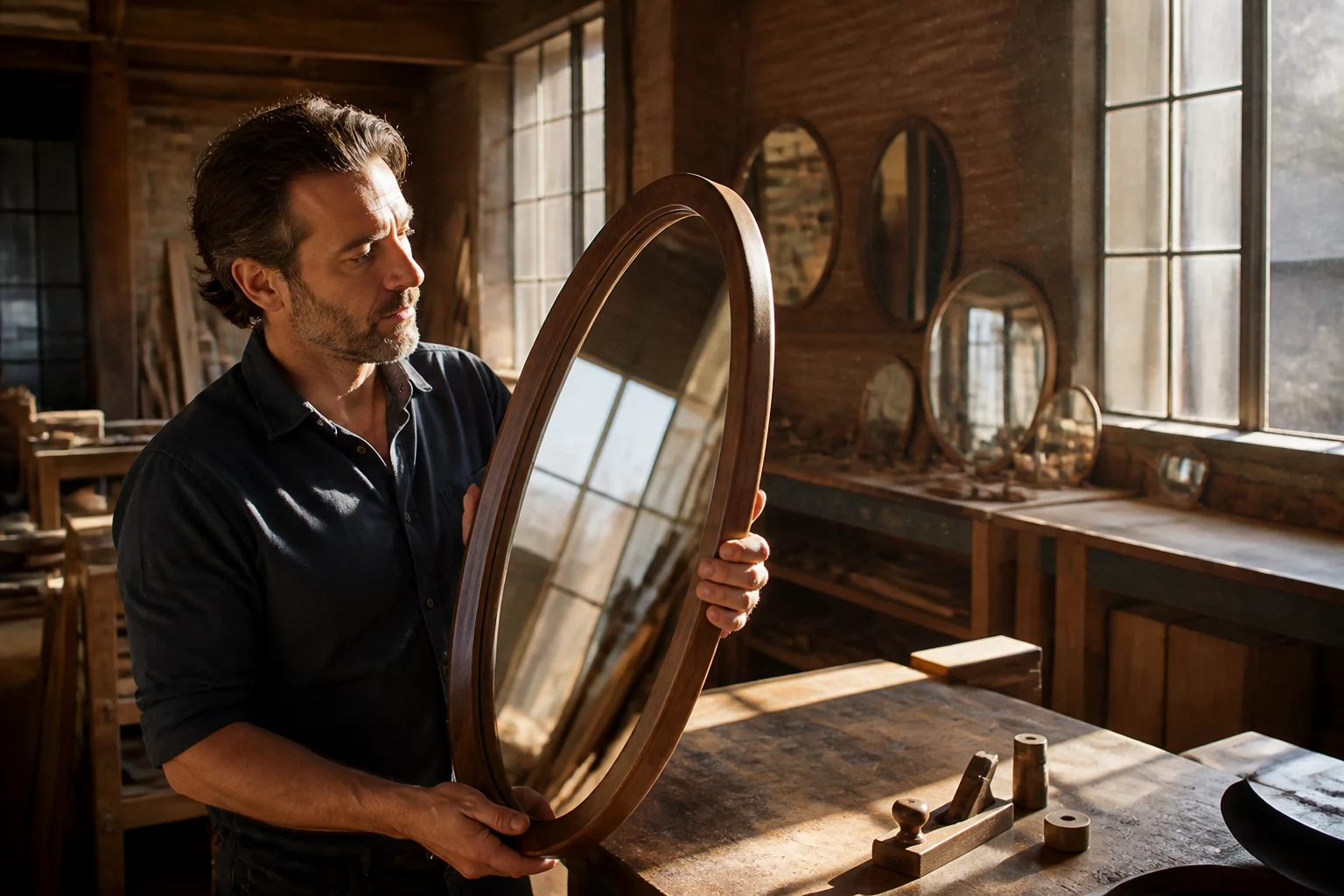 Artisan working in the Trips Mirrors woodworking and glass studio